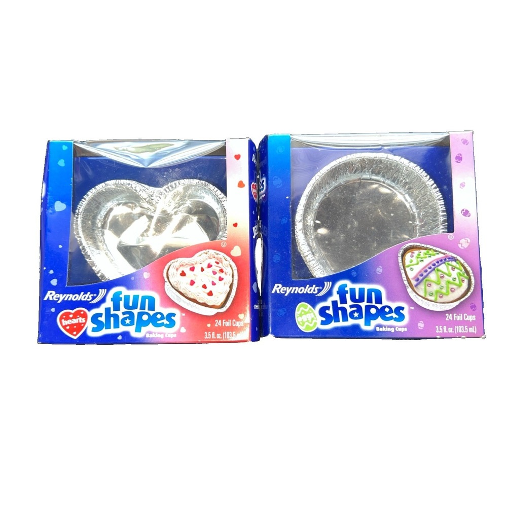 2-Reynolds Fun Shapes 24ct Aluminum Foil Baking Cups 2006 Discontinued Heart Egg